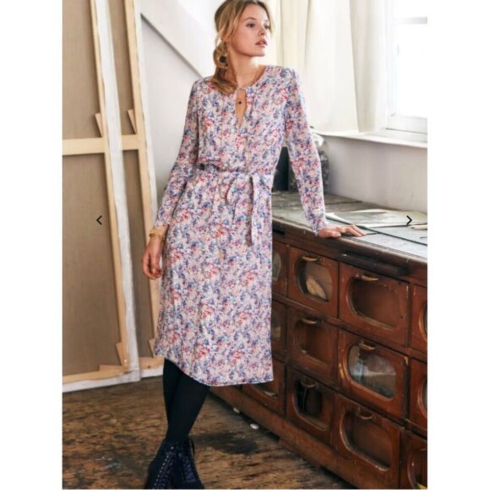 SEZANE Pink Blue Floral Print Keyhole Long Sleeve Belted Chiffon Midi Dress 36